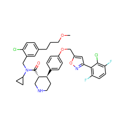 COCCCc1ccc(Cl)c(CN(C(=O)[C@H]2CNCC[C@@H]2c2ccc(OCc3cc(-c4c(F)ccc(F)c4Cl)no3)cc2)C2CC2)c1 ZINC000072148929