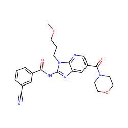 COCCCn1c(NC(=O)c2cccc(C#N)c2)nc2cc(C(=O)N3CCOCC3)cnc21 ZINC000064513468
