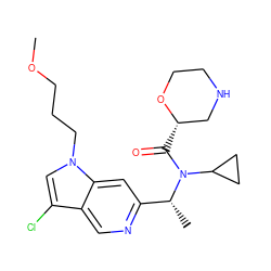 COCCCn1cc(Cl)c2cnc([C@@H](C)N(C(=O)[C@H]3CNCCO3)C3CC3)cc21 ZINC000216068028