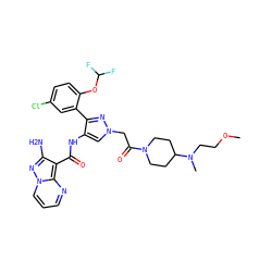COCCN(C)C1CCN(C(=O)Cn2cc(NC(=O)c3c(N)nn4cccnc34)c(-c3cc(Cl)ccc3OC(F)F)n2)CC1 ZINC001772631316