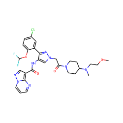 COCCN(C)C1CCN(C(=O)Cn2cc(NC(=O)c3cnn4cccnc34)c(-c3cc(Cl)ccc3OC(F)F)n2)CC1 ZINC001772654497