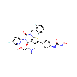 COCCN(C)Cc1c(-c2ccc(NC(=O)NOC)cc2)sc2c1c(=O)n(-c1ccc(F)cn1)c(=O)n2Cc1c(F)cccc1F ZINC000072107089