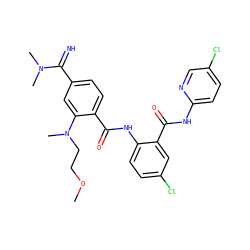 COCCN(C)c1cc(C(=N)N(C)C)ccc1C(=O)Nc1ccc(Cl)cc1C(=O)Nc1ccc(Cl)cn1 ZINC000042852444
