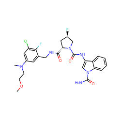 COCCN(C)c1cc(Cl)c(F)c(CNC(=O)[C@@H]2C[C@@H](F)CN2C(=O)Nc2cn(C(N)=O)c3ccccc23)c1 ZINC000148185065