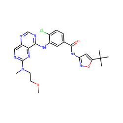COCCN(C)c1ncc2ncnc(Nc3cc(C(=O)Nc4cc(C(C)(C)C)on4)ccc3Cl)c2n1 ZINC000148083602