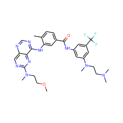 COCCN(C)c1ncc2ncnc(Nc3cc(C(=O)Nc4cc(N(C)CCN(C)C)cc(C(F)(F)F)c4)ccc3C)c2n1 ZINC000148310491