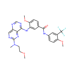 COCCN(C)c1ncc2ncnc(Nc3cc(C(=O)Nc4ccc(OC)c(C(F)(F)F)c4)ccc3OC)c2n1 ZINC000148067186