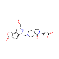 COCCN[C@H](CN1CCC2(CC1)CCN(C1=C(C)C(=O)OC1)C2=O)c1ccc2c(c1C)COC2=O ZINC000206848441