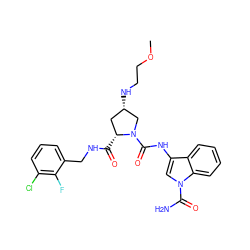 COCCN[C@H]1C[C@@H](C(=O)NCc2cccc(Cl)c2F)N(C(=O)Nc2cn(C(N)=O)c3ccccc23)C1 ZINC000205049227