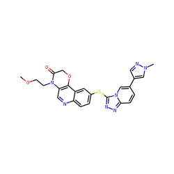 COCCN1C(=O)COc2c1cnc1ccc(Sc3nnc4ccc(-c5cnn(C)c5)cn34)cc21 ZINC000220173436