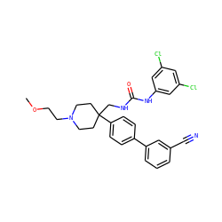 COCCN1CCC(CNC(=O)Nc2cc(Cl)cc(Cl)c2)(c2ccc(-c3cccc(C#N)c3)cc2)CC1 ZINC000028116740