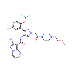COCCN1CCN(C(=O)Cn2cc(NC(=O)c3c(N)nn4cccnc34)c(-c3cc(Cl)ccc3OC(F)F)n2)CC1 ZINC001772629667