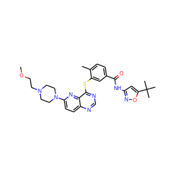 COCCN1CCN(c2ccc3ncnc(Sc4cc(C(=O)Nc5cc(C(C)(C)C)on5)ccc4C)c3n2)CC1 ZINC000096175774