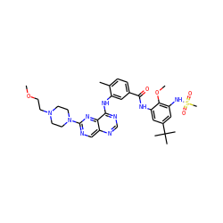 COCCN1CCN(c2ncc3ncnc(Nc4cc(C(=O)Nc5cc(C(C)(C)C)cc(NS(C)(=O)=O)c5OC)ccc4C)c3n2)CC1 ZINC000165279611