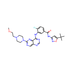 COCCN1CCN(c2ncc3ncnc(Nc4cc(C(=O)Nc5cc(C(C)(C)C)on5)ccc4F)c3n2)CC1 ZINC000148275174