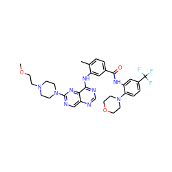 COCCN1CCN(c2ncc3ncnc(Nc4cc(C(=O)Nc5cc(C(F)(F)F)ccc5N5CCOCC5)ccc4C)c3n2)CC1 ZINC000165280774