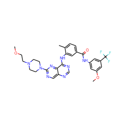 COCCN1CCN(c2ncc3ncnc(Nc4cc(C(=O)Nc5cc(OC)cc(C(F)(F)F)c5)ccc4C)c3n2)CC1 ZINC000148345757