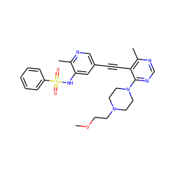 COCCN1CCN(c2ncnc(C)c2C#Cc2cnc(C)c(NS(=O)(=O)c3ccccc3)c2)CC1 ZINC000149150134