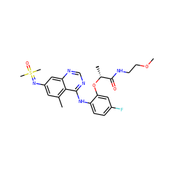 COCCNC(=O)[C@@H](C)Oc1cc(F)ccc1Nc1ncnc2cc(N=S(C)(C)=O)cc(C)c12 ZINC001772645106