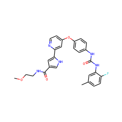 COCCNC(=O)c1c[nH]c(-c2cc(Oc3ccc(NC(=O)Nc4cc(C)ccc4F)cc3)ccn2)c1 ZINC000168961622