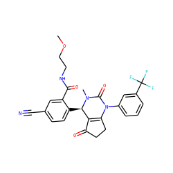 COCCNC(=O)c1cc(C#N)ccc1[C@@H]1C2=C(CCC2=O)N(c2cccc(C(F)(F)F)c2)C(=O)N1C ZINC001772583207