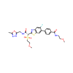 COCCNC(=O)c1ccc(-c2cc3sc([C@@H](C(=O)NCc4nnc(C)o4)S(=O)(=O)CCOC)nc3cc2F)cc1 ZINC000144023983