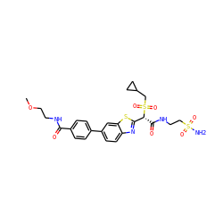 COCCNC(=O)c1ccc(-c2ccc3nc([C@@H](C(=O)NCCS(N)(=O)=O)S(=O)(=O)CC4CC4)sc3c2)cc1 ZINC000146068897