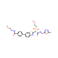 COCCNC(=O)c1ccc(-c2ccc3nc([C@@H](C(=O)NCc4nnc(C)o4)S(=O)(=O)CCOC)sc3c2)cc1 ZINC000145505068