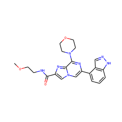 COCCNC(=O)c1cn2cc(-c3cccc4[nH]ncc34)nc(N3CCOCC3)c2n1 ZINC000073310385