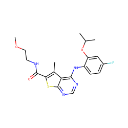 COCCNC(=O)c1sc2ncnc(Nc3ccc(F)cc3OC(C)C)c2c1C ZINC000473154358