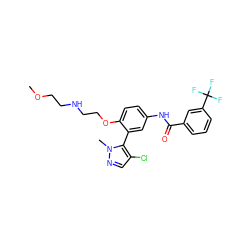 COCCNCCOc1ccc(NC(=O)c2cccc(C(F)(F)F)c2)cc1-c1c(Cl)cnn1C ZINC000114774302