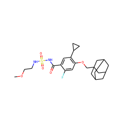 COCCNS(=O)(=O)NC(=O)c1cc(C2CC2)c(OCC23CC4CC(CC(C4)C2)C3)cc1F ZINC000261150060
