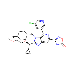 COCCO[C@@H](c1nc2cc(-c3noc(=O)[nH]3)nc(-c3cncc(Cl)c3)c2n1C[C@H]1CC[C@H](C)CC1)C1CC1 ZINC000261089864