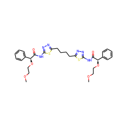 COCCO[C@H](C(=O)Nc1nnc(CCCCc2nnc(NC(=O)[C@H](OCCOC)c3ccccc3)s2)s1)c1ccccc1 ZINC000169697989