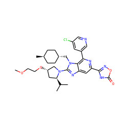 COCCO[C@H]1C[C@H](C(C)C)N(c2nc3cc(-c4noc(=O)[nH]4)nc(-c4cncc(Cl)c4)c3n2C[C@H]2CC[C@H](C)CC2)C1 ZINC001772631382