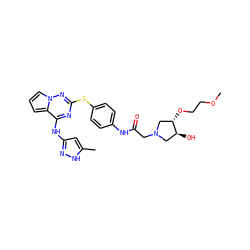 COCCO[C@H]1CN(CC(=O)Nc2ccc(Sc3nc(Nc4cc(C)[nH]n4)c4cccn4n3)cc2)C[C@@H]1O ZINC000072142907