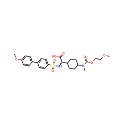 COCCOC(=O)N(C)C1CCC([C@@H](NS(=O)(=O)c2ccc(-c3ccc(OC)cc3)cc2)C(=O)O)CC1 ZINC000026150879
