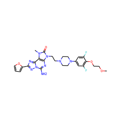 COCCOc1c(F)cc(N2CCN(CCn3c(=O)n(C)c4c3nc(N)n3nc(-c5ccco5)nc43)CC2)cc1F ZINC000148689840