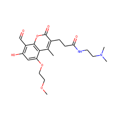 COCCOc1cc(O)c(C=O)c2oc(=O)c(CCC(=O)NCCN(C)C)c(C)c12 ZINC000166638411