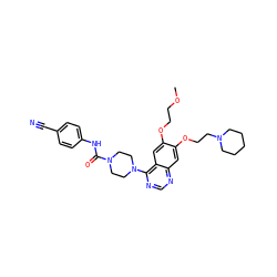 COCCOc1cc2c(N3CCN(C(=O)Nc4ccc(C#N)cc4)CC3)ncnc2cc1OCCN1CCCCC1 ZINC000027299748