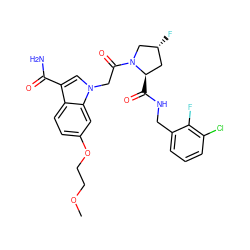 COCCOc1ccc2c(C(N)=O)cn(CC(=O)N3C[C@H](F)C[C@H]3C(=O)NCc3cccc(Cl)c3F)c2c1 ZINC000148067067