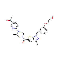 COCCOc1cccc(Cn2nc(C)c3cc(C(=O)N4CCN(c5ccc(C(C)=O)cn5)[C@H](C)C4)sc32)c1 ZINC001772642068
