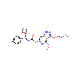 COCCOc1n[nH]c2cc(NC(=O)N[C@@H](c3ccc(F)cc3)C3(O)CCC3)nc(CO)c12 ZINC001772570551