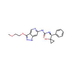 COCCOc1n[nH]c2cc(NC(=O)N[C@@H](c3ccccc3)C3(O)CC3)ncc12 ZINC001772652903