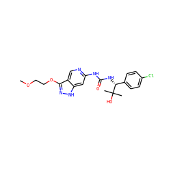COCCOc1n[nH]c2cc(NC(=O)N[C@H](c3ccc(Cl)cc3)C(C)(C)O)ncc12 ZINC001772574409