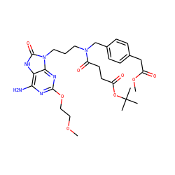 COCCOc1nc(N)c2[nH]c(=O)n(CCCN(Cc3ccc(CC(=O)OC)cc3)C(=O)CCC(=O)OC(C)(C)C)c2n1 ZINC000044305053