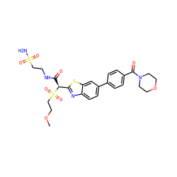 COCCS(=O)(=O)[C@@H](C(=O)NCCS(N)(=O)=O)c1nc2ccc(-c3ccc(C(=O)N4CCOCC4)cc3)cc2s1 ZINC000144081031
