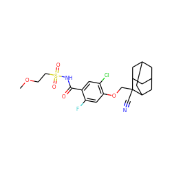 COCCS(=O)(=O)NC(=O)c1cc(Cl)c(OCC2(C#N)C3CC4CC(C3)CC2C4)cc1F ZINC000216255618