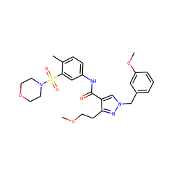COCCc1nn(Cc2cccc(OC)c2)cc1C(=O)Nc1ccc(C)c(S(=O)(=O)N2CCOCC2)c1 ZINC000169343951