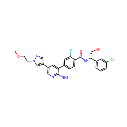 COCCn1cc(-c2cnc(N)c(-c3ccc(C(=O)N[C@H](CO)c4cccc(Cl)c4)c(F)c3)c2)cn1 ZINC001772613604